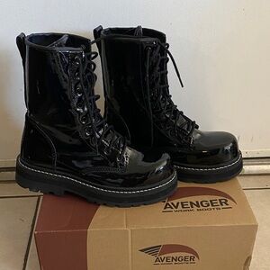 Avenger Shiny Black Lace-Up Ankle Boots